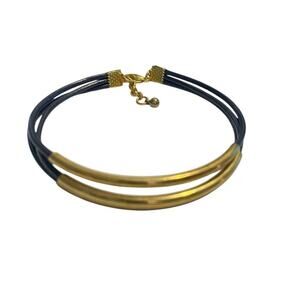 Black Leather, Stackable Leather Strand Bracelets, Gold Plated Tube Bead Cuff